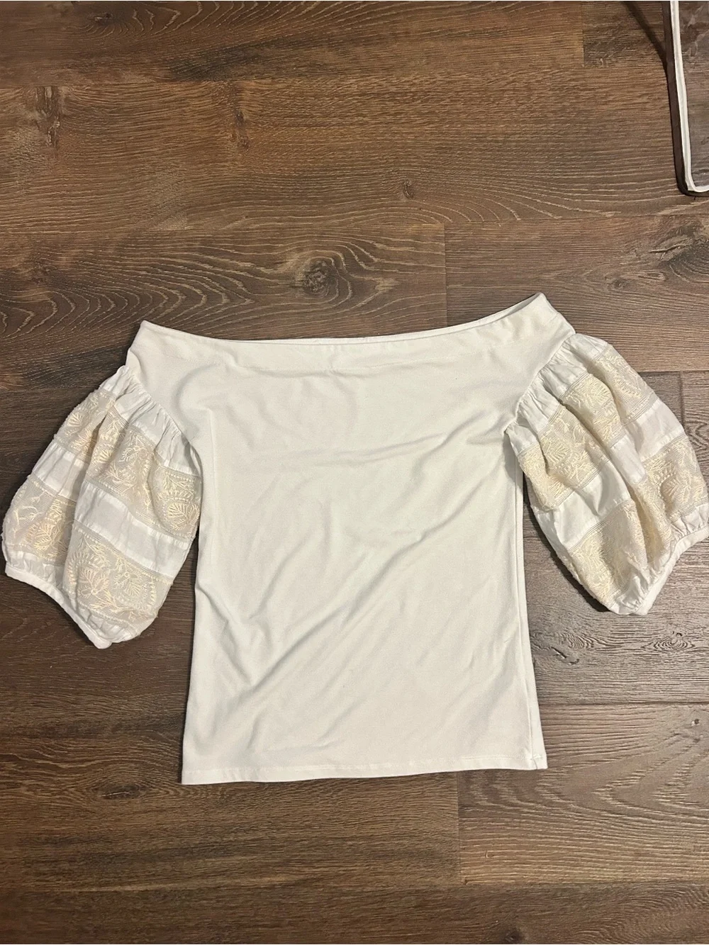 White Off-Shoulder Top with Embroidered Puff Sleeves